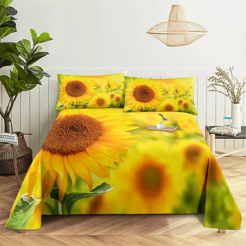 Sunflower Queen Sheet Set Girl, Lady's Room Flower Bedding Set Bed Sheets and Pillowcases Bedding Flat Sheet Bed Sheet Set