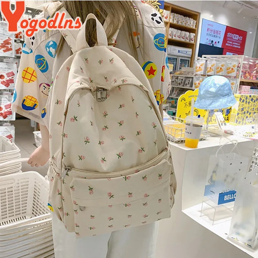 Yogodlns  Fashion Floral Backpack For Women Waterproof Nylon Rucksack Teenager Large Capacity Student School Bag Travel Bag