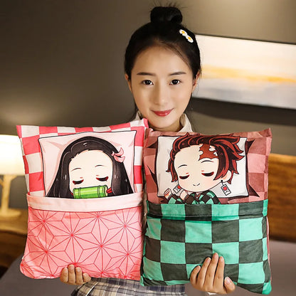 Nezuko Demon Slayer Anime Pillow Cartoons Sofa Cushion Pillow with Reversible Quilt Stuffed Plush Toys Cosplay Kid Gift
