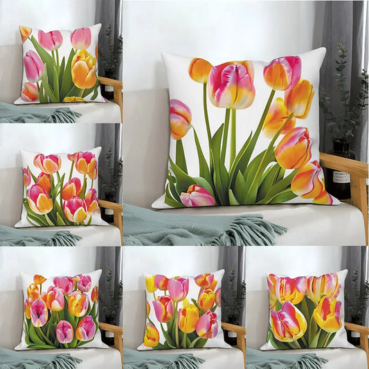 Pink Tulip Floral Throw Pillow Cover Decoration Living Room Sofa Cushion  Home Decor