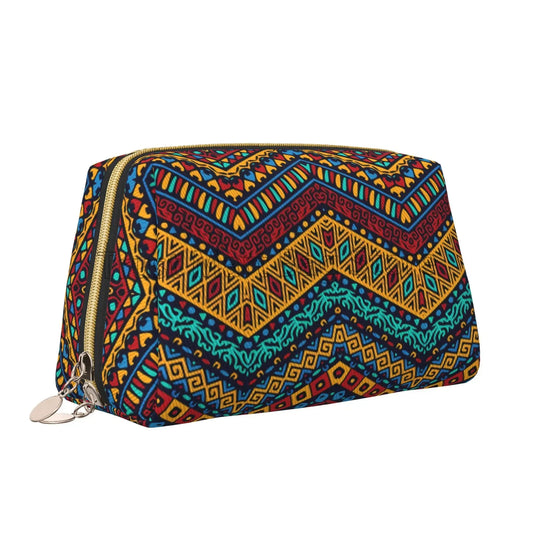 Boho African Ethnic Tribal Geometric Pattern Leather Makeup Bag Women Travel Toiletry Pouch Cosmetic Bags Large Capacity Storage