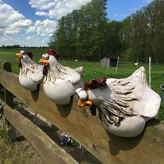 Chicken Sitting on Fence Decor Garden Statues for Fences Rooster Wall Art Yard Sculptures Farm Patio Lawn Decoration