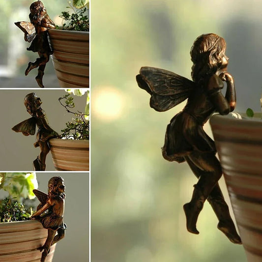 Mini Girl Hanging Cup Resin Decoration Fairy Combination Flower Basket Edge Decor for Garden Design Garden Pot Ornaments