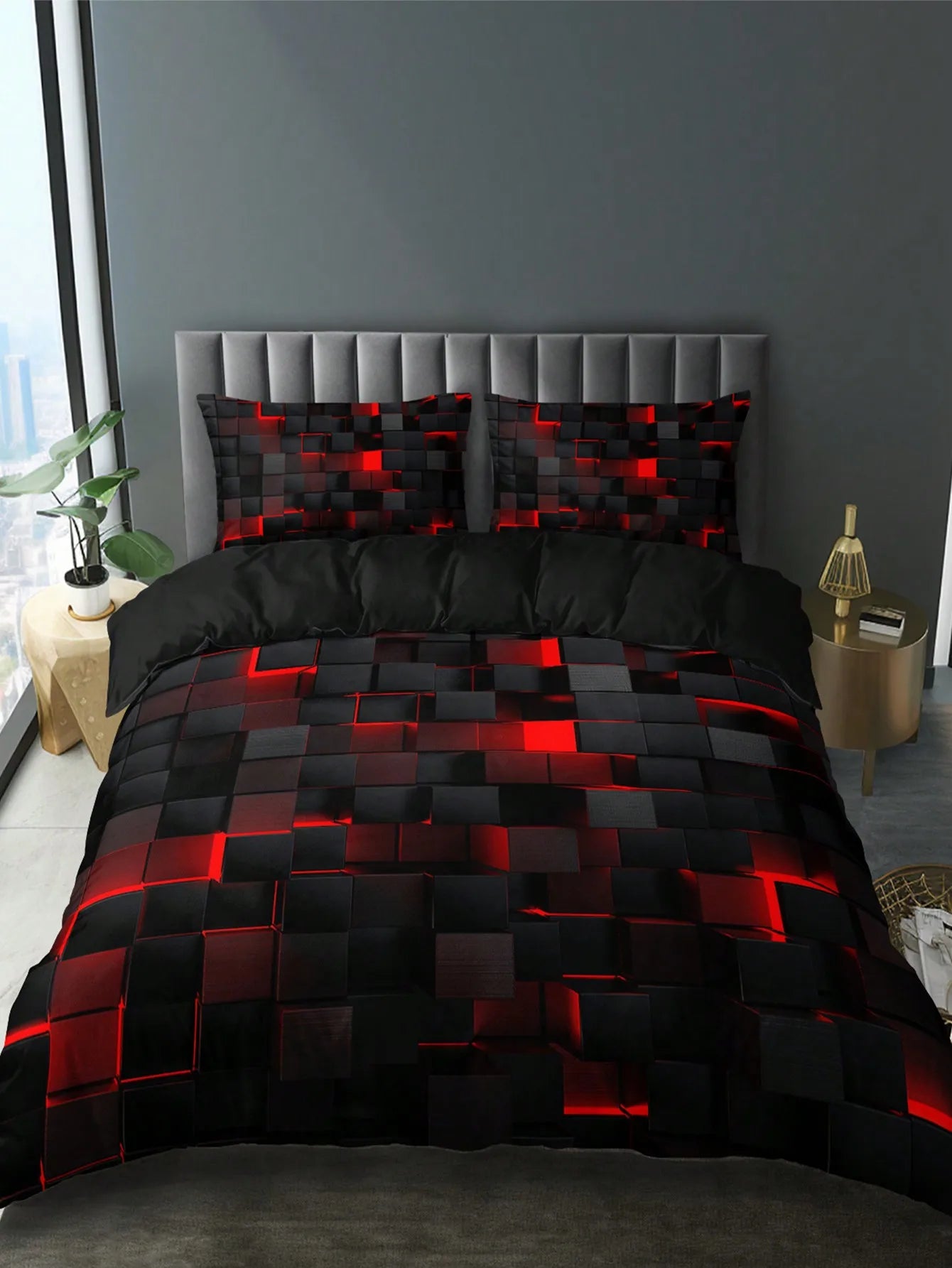 Technology Style Red Grid Comforter Cover Set Including 1 Comforter Cover And 2 Pillowcases Suitable For Home And Dormitory Use