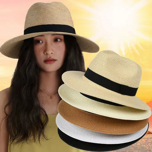 Handwoven Straw Sun Hat Summer Women Men Solid Color Beach Vacation Sunscreen Hat Casual Retro Panama Hats Fashion Accessories