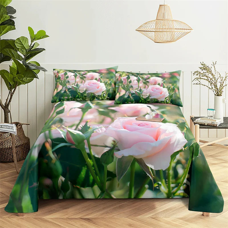 Pink Rose Queen Sheet Set Girl, Lovers Room Bedding Set Bed Sheets and Pillowcases Bedding Flat Sheet Bed Sheet Set