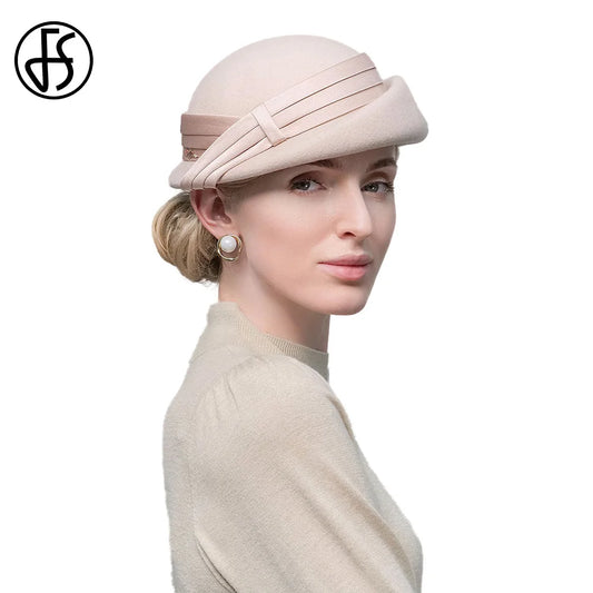 FS Elegant Millinery Fascinator Beret Wool Hats For Women Wedding Church Tea Party Pillbox Cap Ladies 2023 Fedoras Chapeau Femme