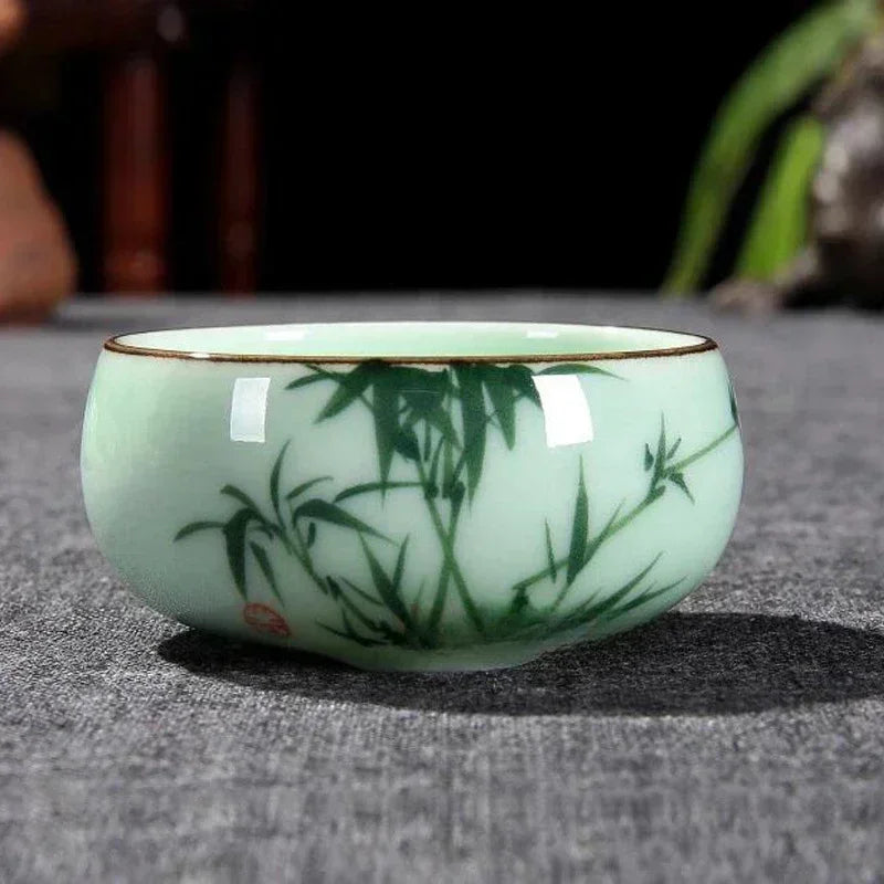 Traditional Celadon Hand-painted Landscape Teacup Ceramic Lotus Bamboo Carp Tea Set Double-fish Chinese Tea Master Cup 80ml