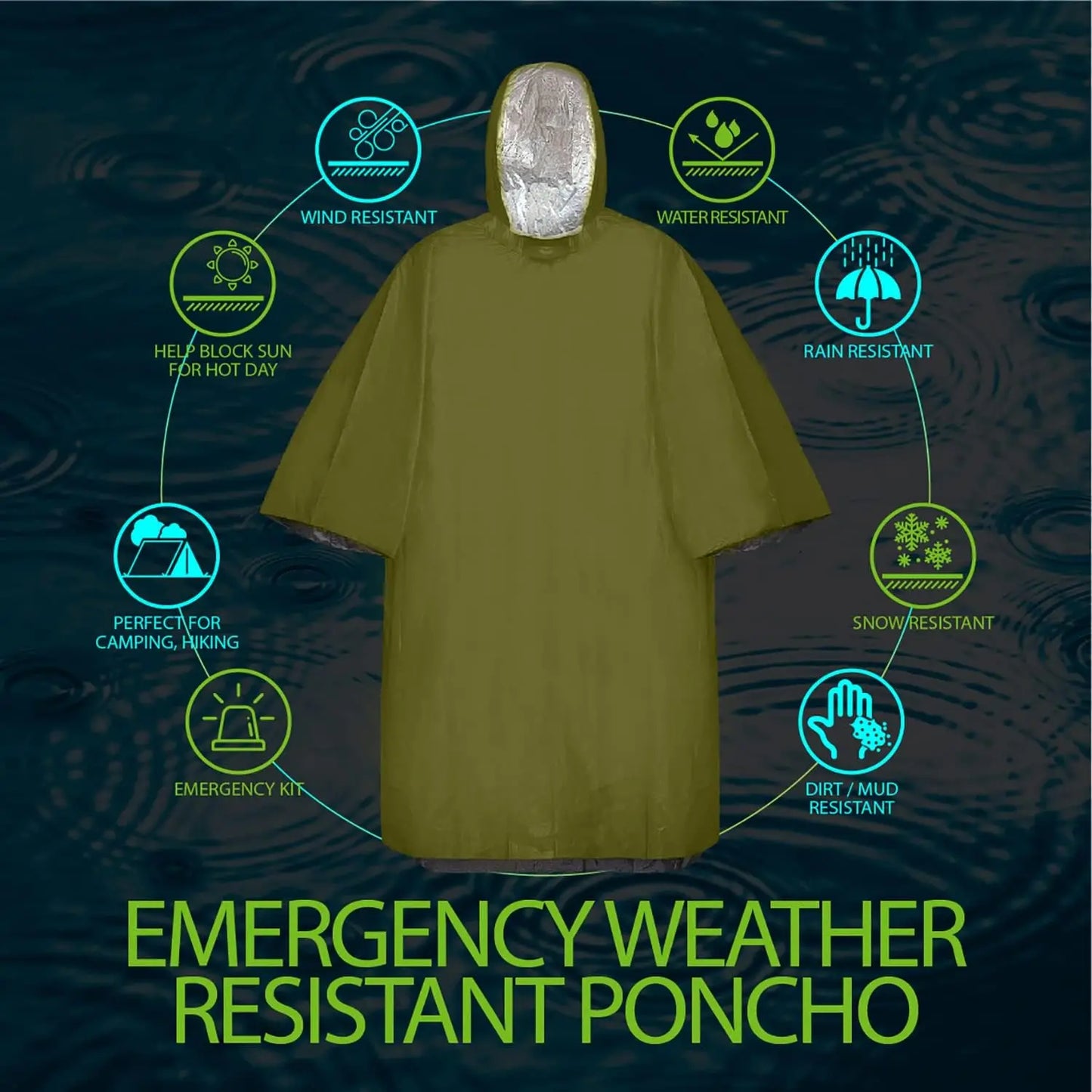 Emergency Rain Poncho With Hood Reusable Weather Resistant Raincoat For Men Women Camping Hiking Emergency Supplies Survival Kit