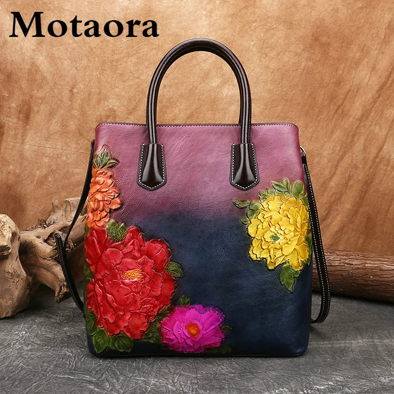 MOTAORA New Vintage Women Bucket Shoulder Bags 2024 Handmade Embossed PU Leather Handbag Retro Large Capacity Crossbody Tote Bag