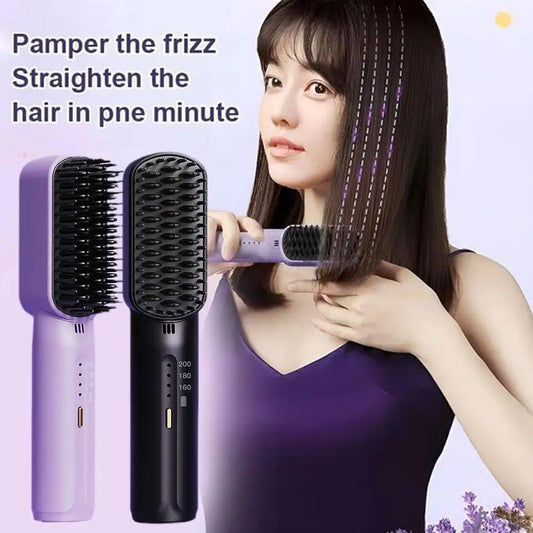 Lazy Hair Straightener Wireless Hair Hot Comb Mini USB Rechargeable Fast Heating Straightening Brush for Home Travel G4O3