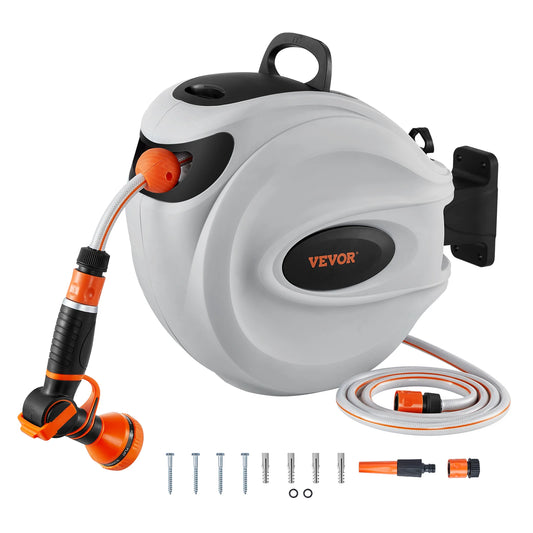 VEVOR Retractable Hose Reel1/2 inch 180° Swivel Bracket Wall-Mounted Garden Water Hose Reel with 9-Pattern Nozzle and 3 Fast