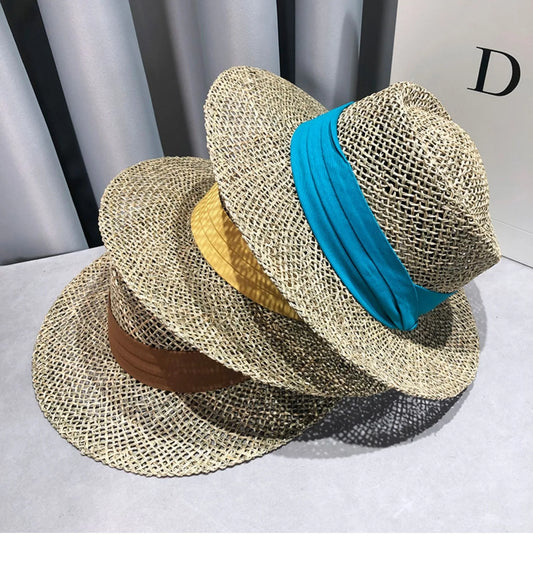 Summer Fashion Women Sunshade Wide Brim Fedora Hats For Travel Beach Casual Hollow Out Simple Fedora Straw Hats