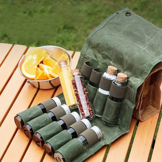 Spices Bottle Kit with Grinder Portable BBQ Spice Bottle Condiment Jar Holder Picnic Bag Travel BBQ Camping Supplies
