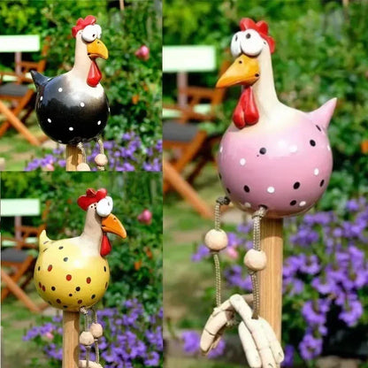 Resin Crafts Statues Funny Big Eyed Chicken Statue Long Foot Hen Sculptures Garden Fence Art Supplies Wooden Stake Decoration