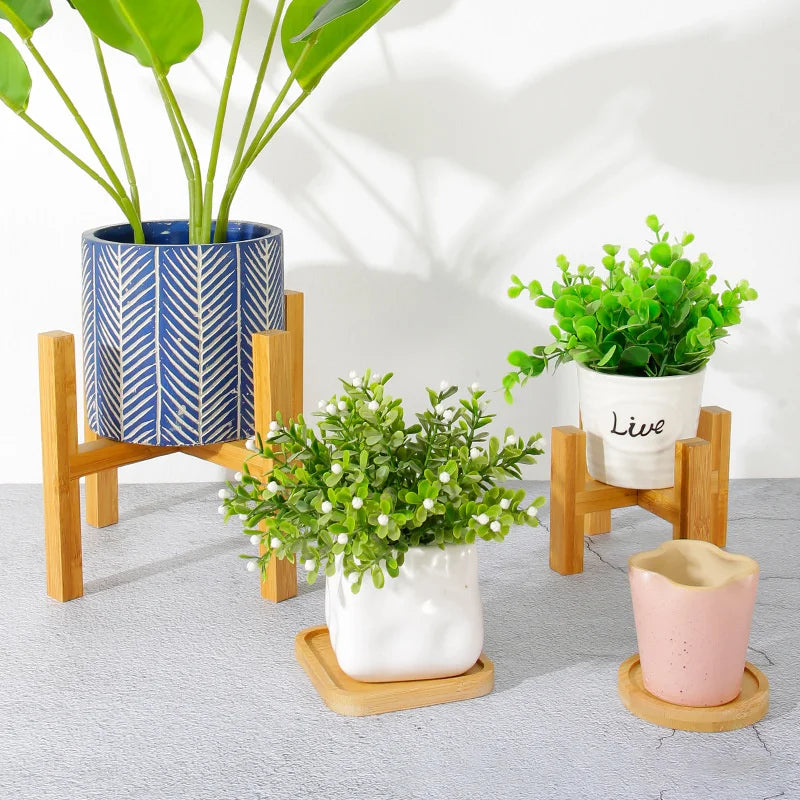 Small Durable Wood Planter Pot Trays Flower Pot Rack Strong Free Standing Bonsai Holder Home Garden Indoor Display Plant Stand