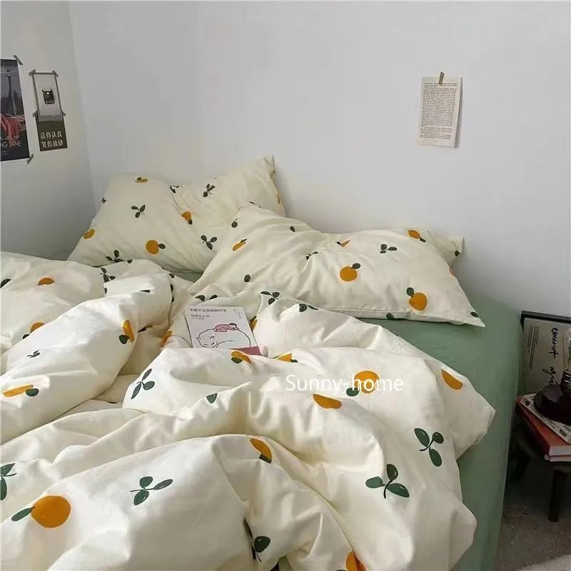 Kawaii Cherry Duvet Cover Set Pillowcase Flat Sheet Floral Boys Girls Twin Full Size Soft Bedding Kit Korean Ins Style Home Use
