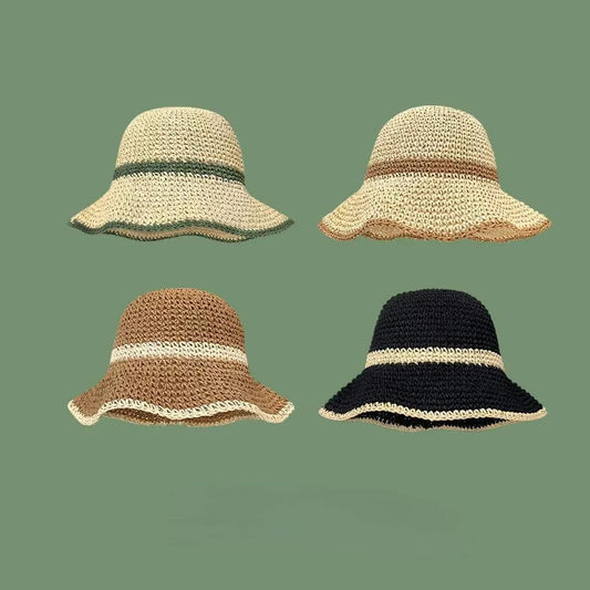 Ins Striped Color Matching Straw Hat Summer Beach Foldable Sunscreen Hollow Straw Fisherman Hats Women‘s Cap Zomer Caps