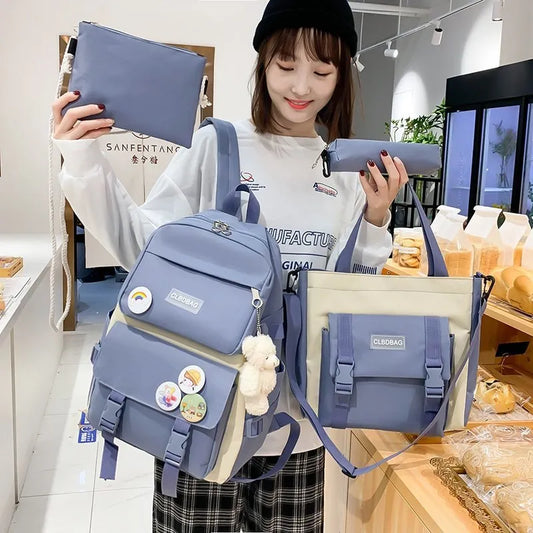5 Piece Set School Bags For Teenage Girls Canvas Solid Color Women Backpack Female Teen Student Schoolbag
