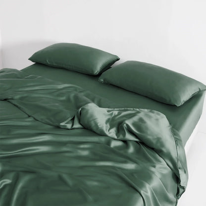 Lanlika Luxury Pure 100% Silk Bedding Set Summer Green Flat Sheet Pillowcase Double Queen King Quilt Cover Bed Set Fitted Sheet