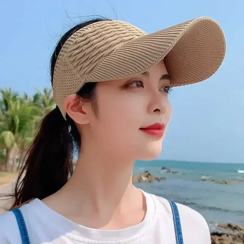 New Fashion Folds Design Women Empty Top Hat Summer Solid Color Large Brim Sunscreen Hats Outdoor Elastic Fabric Sports Sun Caps