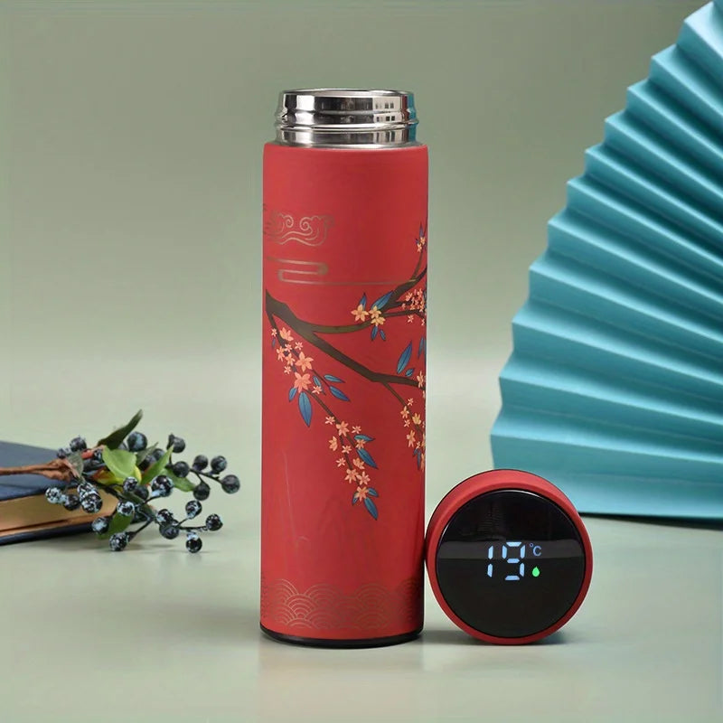 1pc Chinese Style Thermal Water Bottle, Retro Smart Temperature Display Insulated Cup, Stainless Steel Water Cup