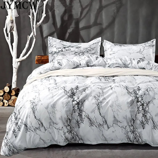 Bedroom bedding (2/3 piece set) white marble pattern printed quilt cover and pillowcase, quilt cover & pillowcase (no sheets)
