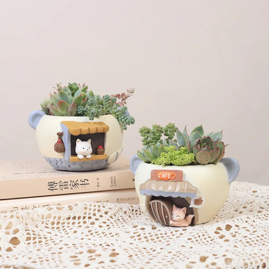 Creative Planter for Succulents Air Plants Resin Flower Pot Decorative Ornament Fairy Garden Cat Fox Figurines Tabletop Decor