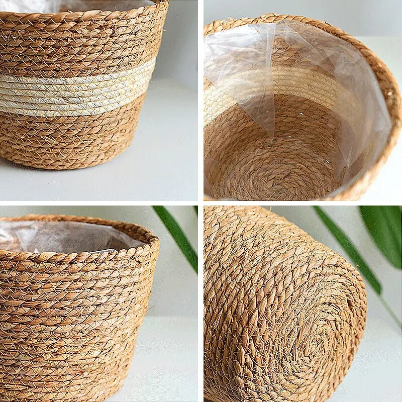 Handmade Woven Planter Basket Laundry Storage Decorative Basket Straw Wicker Rattan Seagrass Garden Flower Pot Storage Basket