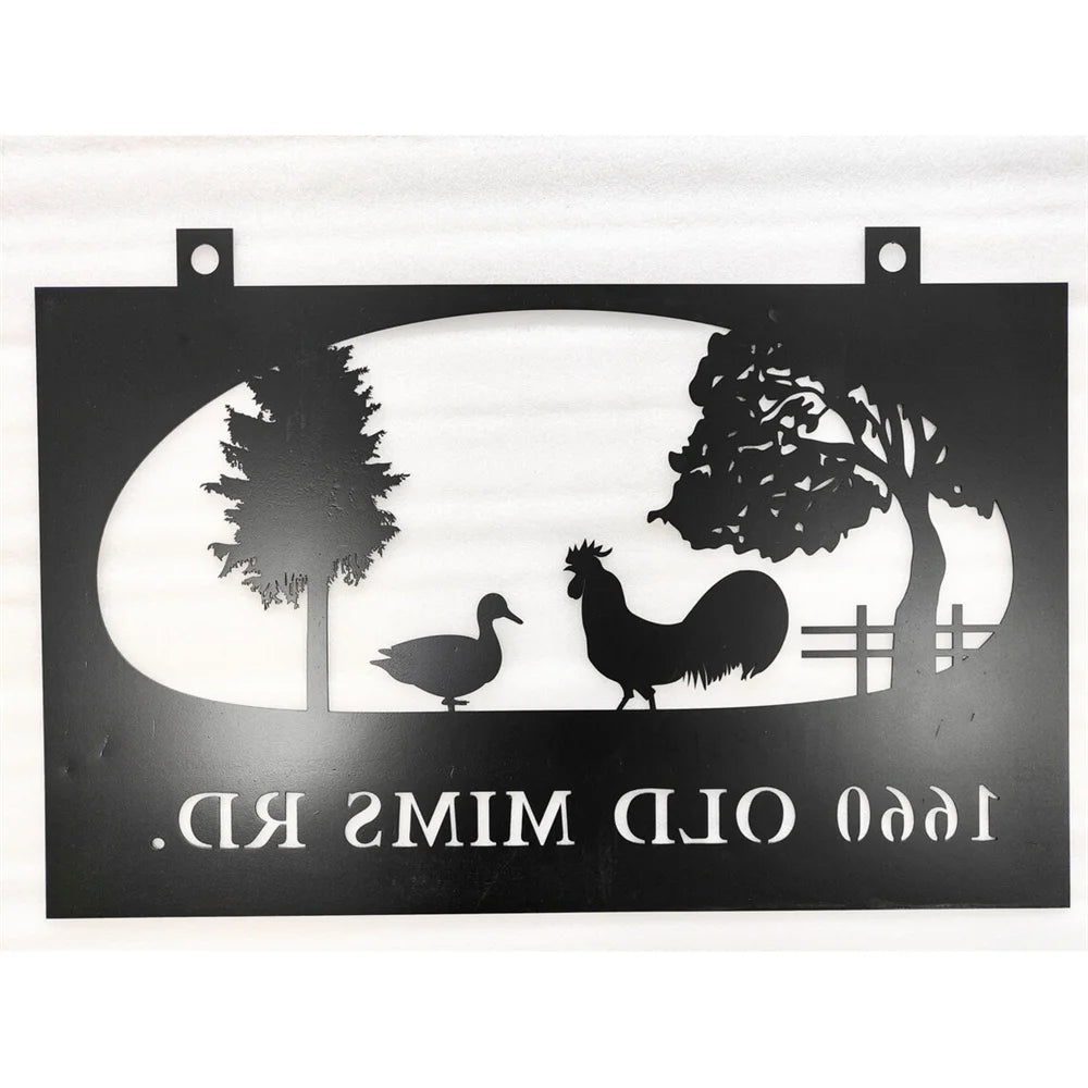Personalized Metal Chicken Farm Sign Custom Address Black Plaque for Farmhouse Housewarming Gift