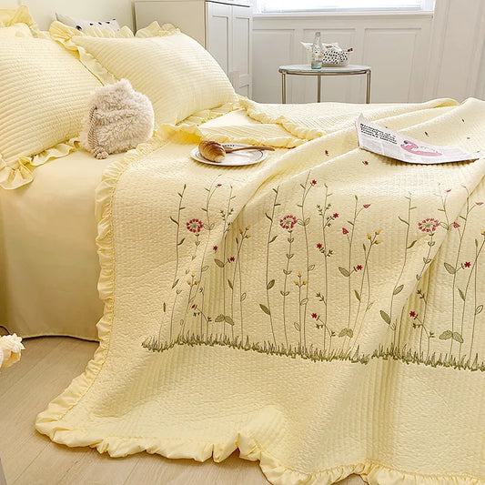 New Chiffon Summer Quilt Set Quilted Girl Heart Washed Cotton Ruffled Double Bed Cover