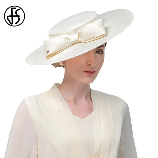 FS Elegant Wide Brim Ivory Hats For Women Big Bow Formal Occasion Kentucky Cap Lady Wedding Cocktail Party Flat Top Fedoras 2024