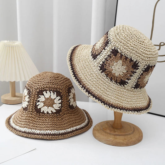 Women Flower Hand-woven Bucket Fisherman Hat Ladies Fashionable Straw Beach Casual Solid Color Vocation Summer Sun S Anti-uv