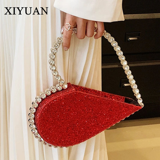 XIYUAN Diamond Pink Red Black Heart Evening Clutch Bags Designer Women's Handbag Rhinestones Mini Totes Wedding Party Purses