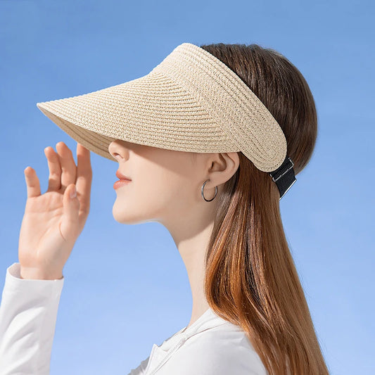 Spring and Summer Women's Outdoor Sunshade  Straw Hat Fashion Empty Top  Duck Tongue Hat Big Brim Cap G37