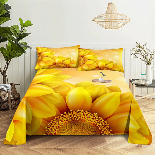 Sunflower Queen Sheet Set Girl, Lady's Room Flower Bedding Set Bed Sheets and Pillowcases Bedding Flat Sheet Bed Sheet Set