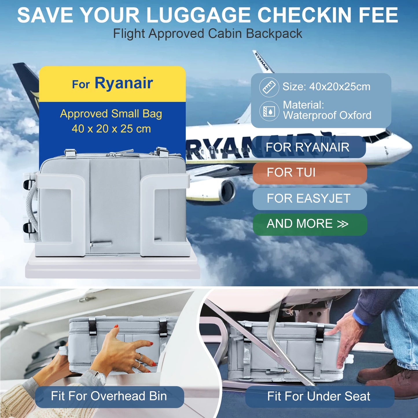 Rygsæk 40x20x25 Ryanair, rejse rygsæk til kvindelige mænd, personlig vare viderefører rygsæk, forretningsweekender bærbar rygsæk