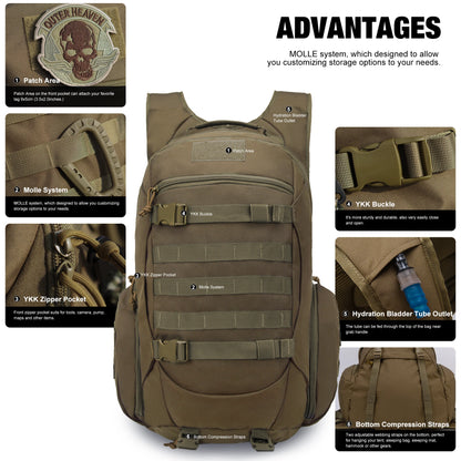 Mardingtop Tactical Backpack avec couverture de pluie 35l Daypack pour hommes Trekking Sports de pêche Camping Randonnée 600D Polyester