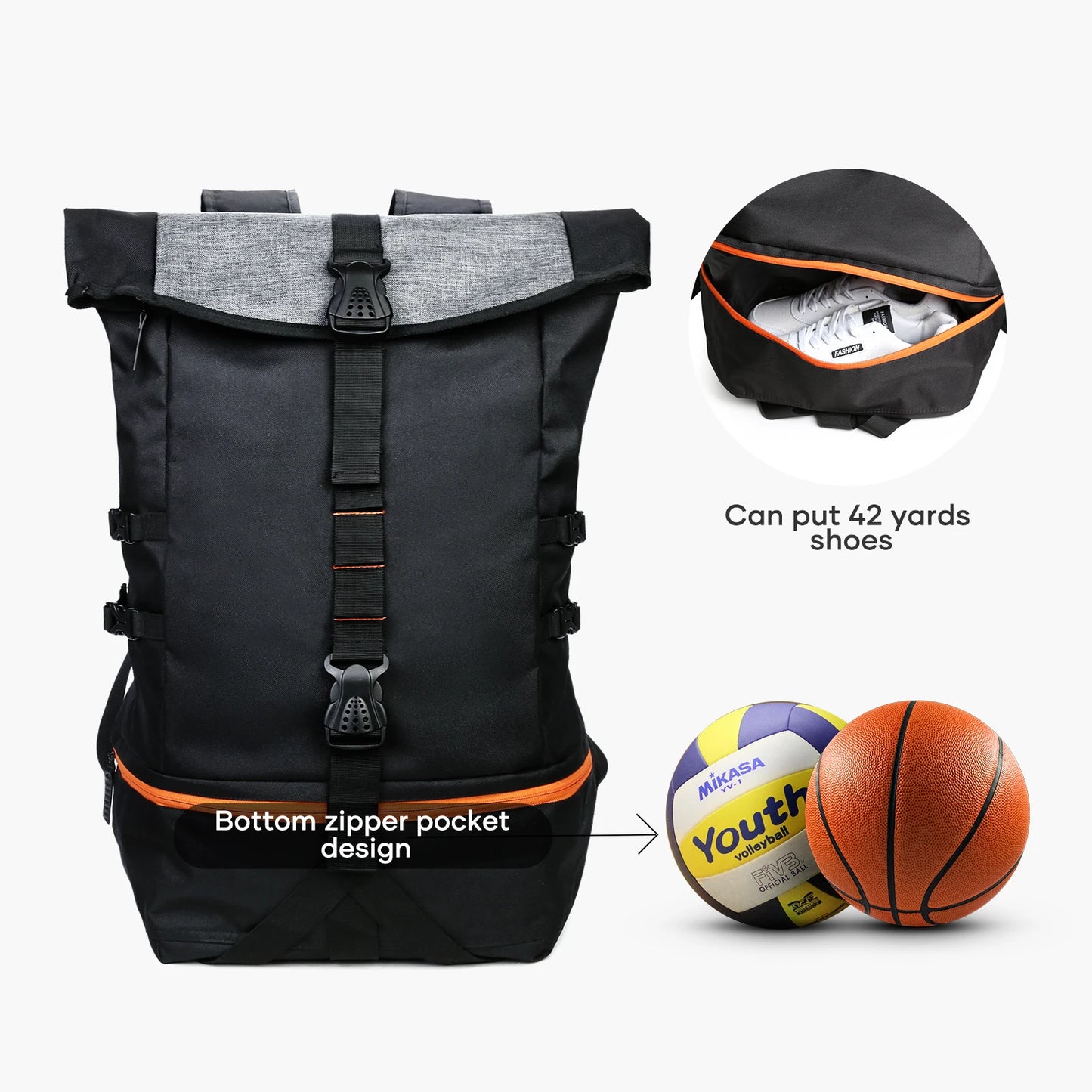 حقيبة ظهر رياضية كبيرة لكرة السلة للرجال مع حجرة منفصلة للكرة، وحقيبة معدات رياضية لكرة القدم والكرة الطائرة والسفر