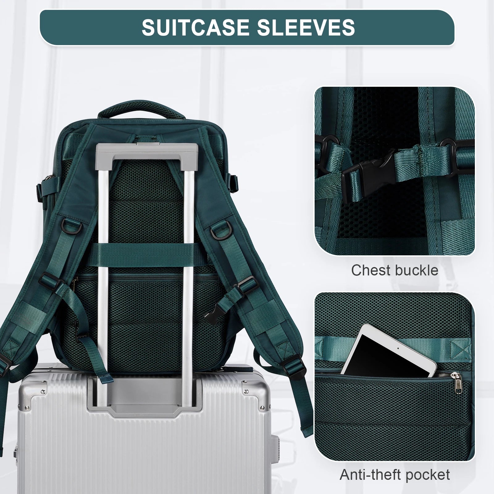 Backpack with strap for suitcase clearance