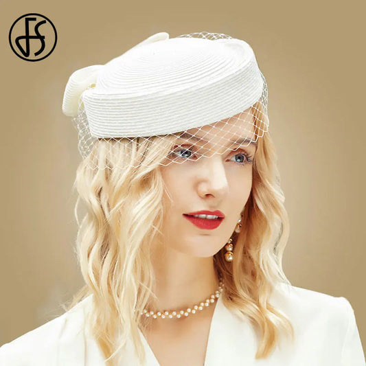 Fs fascinator witte pilbox hoeden Franse baret met sluier zwarte stro hoeden mesh vrouwen fedora cocktail derby feestkerk bruiloft