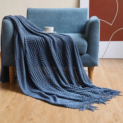 Inya Navy Alle kaster tæppe til sofa Sofa Bed dekorativt strikket tæppe med kvaster, blød letvægt Hyggelige strukturerede tæpper