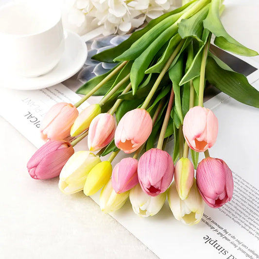 5pcs/bukett Ny silikon tulipan kunstig blomster ekte berøring falske blomsterbukett for bryllupsdekorasjon blomster hjem Garen dekor