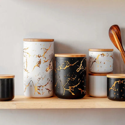 Gold-plated Marbling Sealed Ceramic Storage Jar With Bamboo Lid  Spices Tank Container Kitchen Food Bottle Coffee Tea Caddy