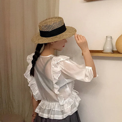 2021 Nowy ręcznie robiony słomkowy kapelusz plażowy dla kobiet letni kapelusz panama czapka moda wklęsła płaska ochrona przed słońcem kapelusze hurtowe