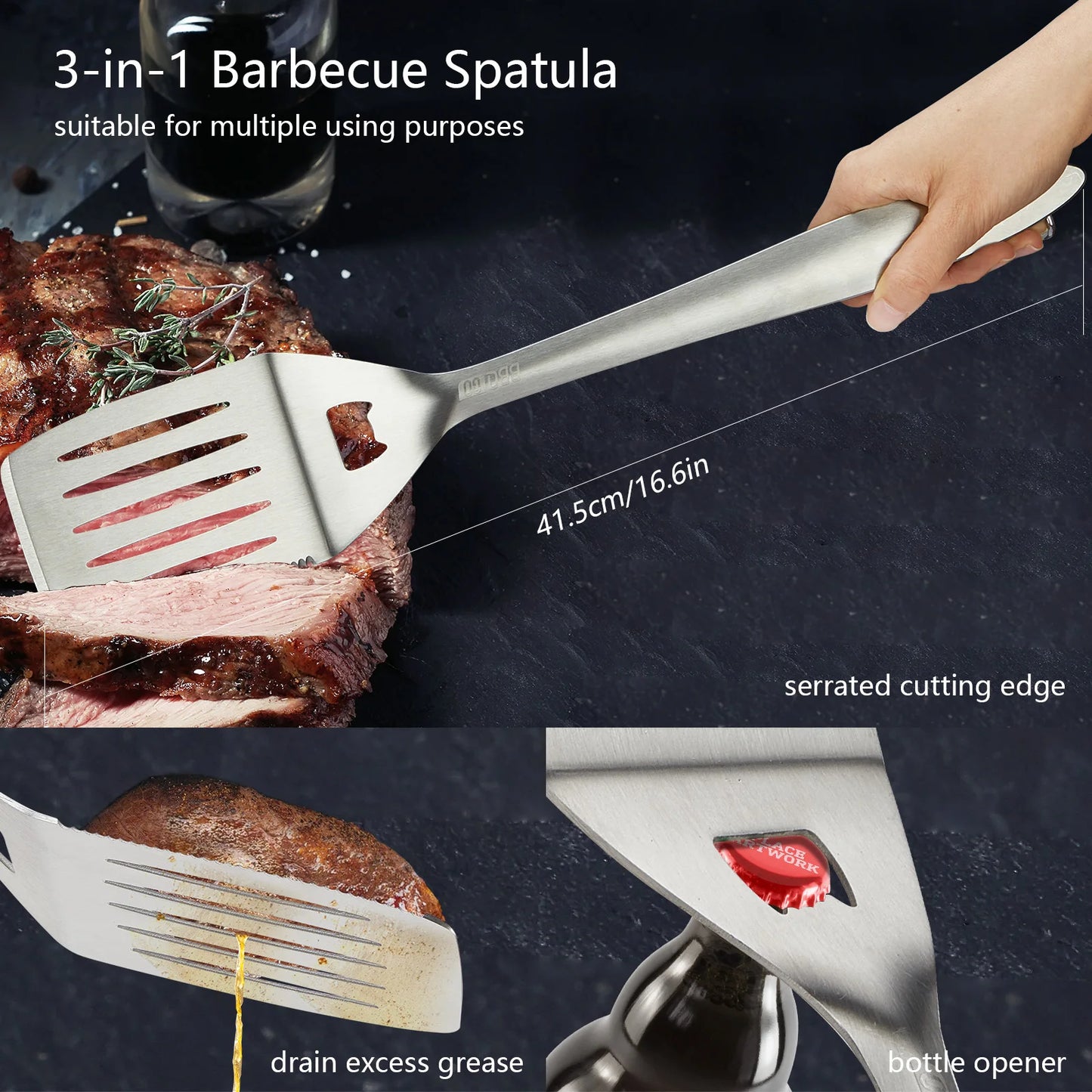 Herramientas de barbacoa de acero inoxidable de BBQGO conjunto de spatula spatula pinzas cepillo de almacenamiento portátil de almacenamiento de barbacoa accesorios para cocinar a la parrilla