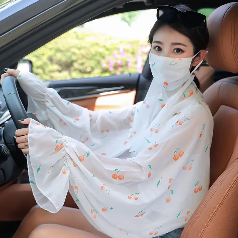 Kobiety Summer Fashion Floral Print Szal Ice Silk Silk Suit Rękaw z Ultawiolet Rękaw