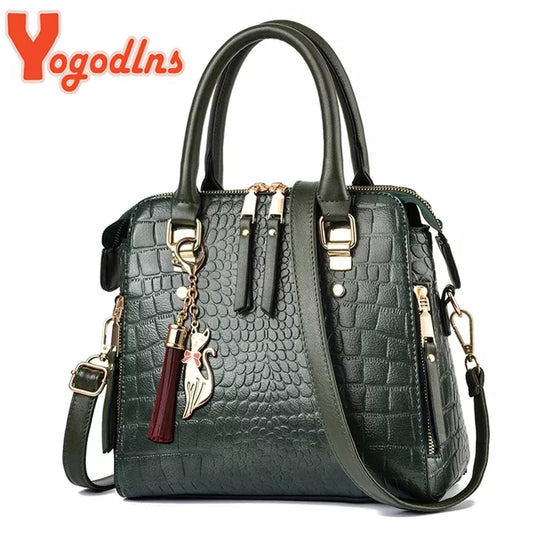 Yogodlns luksus krokodilmønster håndtaske kvinder vinter ny pu læder kvast skulder taske mærker design håndtag taske dame pung