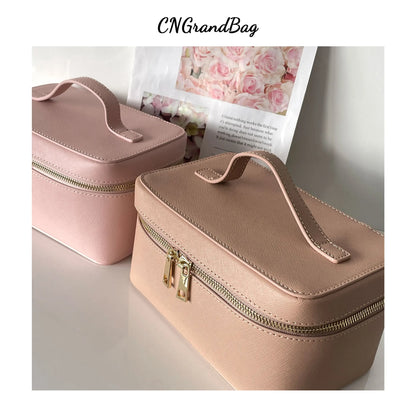 Senhoras Saffiano Split Leather Travel Bolsa de higiene pessoal portátil Makeup Organizer Box Dopp Kit Cosmético para mulheres