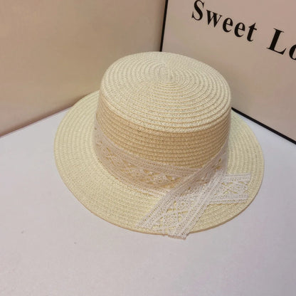 Summer Women British Style Vintage Jazz Panama Flat Top Fedora Straw Hat Wide Brin Lace Silk Ribbon Anti UV Sun Straw Hat